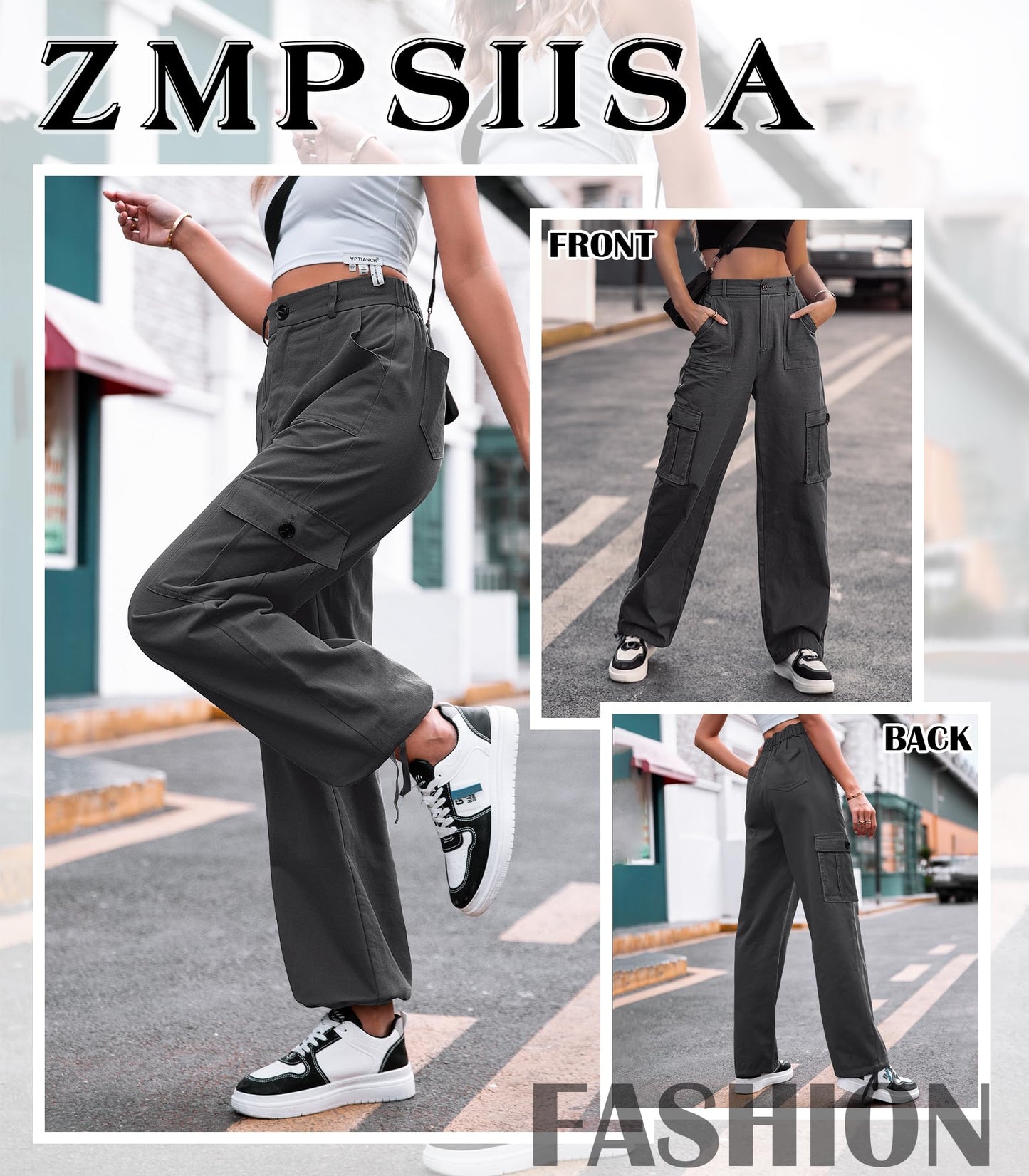 HOGHOW Women High Waisted Cargo Pants Wide Leg Casual Pants 6 Pockets Combat Military Trousers