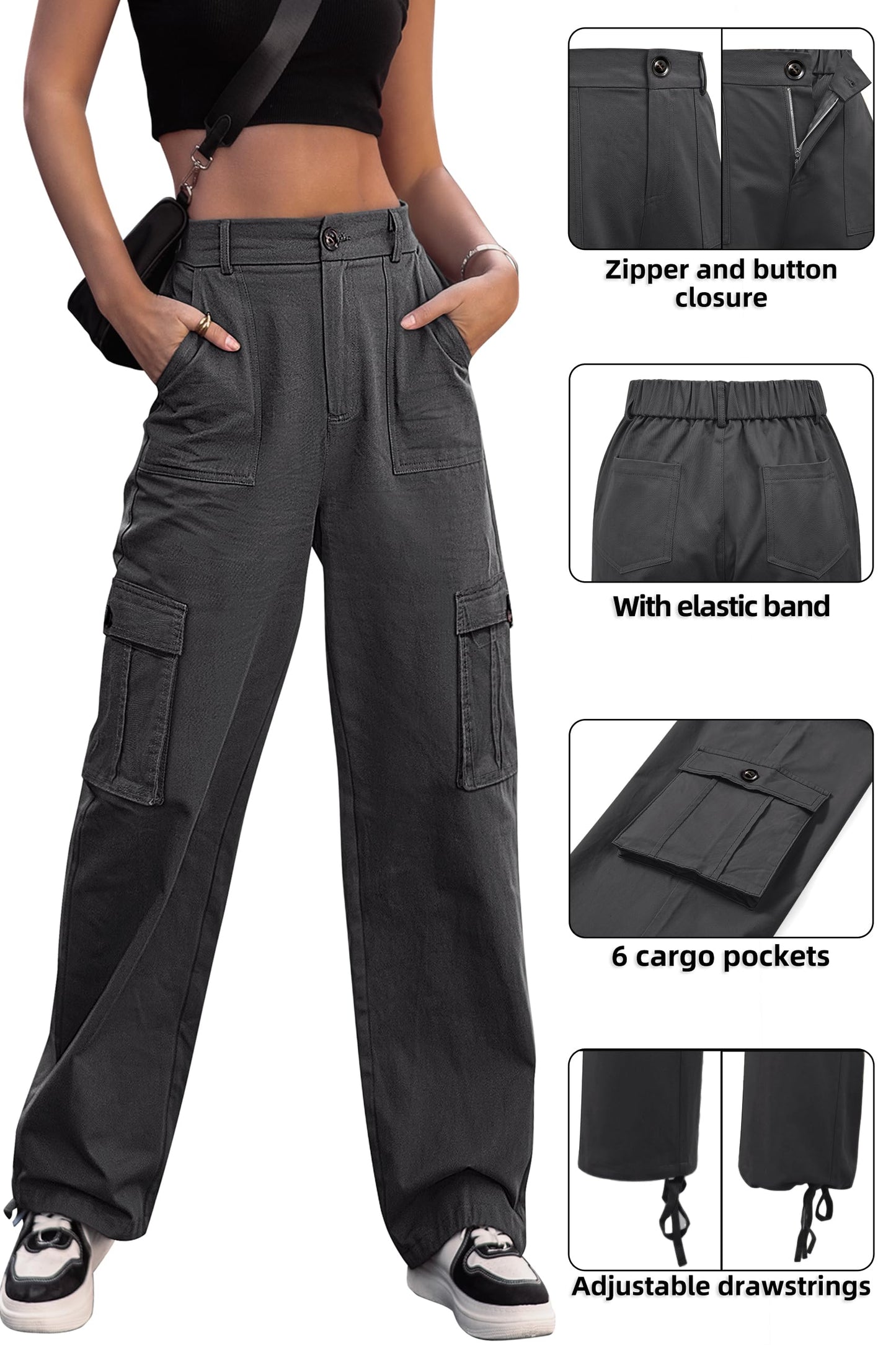 HOGHOW Women High Waisted Cargo Pants Wide Leg Casual Pants 6 Pockets Combat Military Trousers