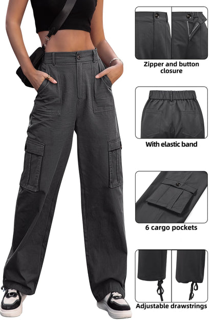 HOGHOW Women High Waisted Cargo Pants Wide Leg Casual Pants 6 Pockets Combat Military Trousers