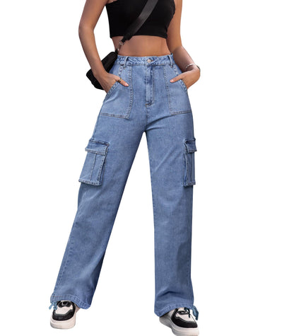 HOGHOW Women High Waisted Cargo Pants Wide Leg Casual Pants 6 Pockets Combat Military Trousers