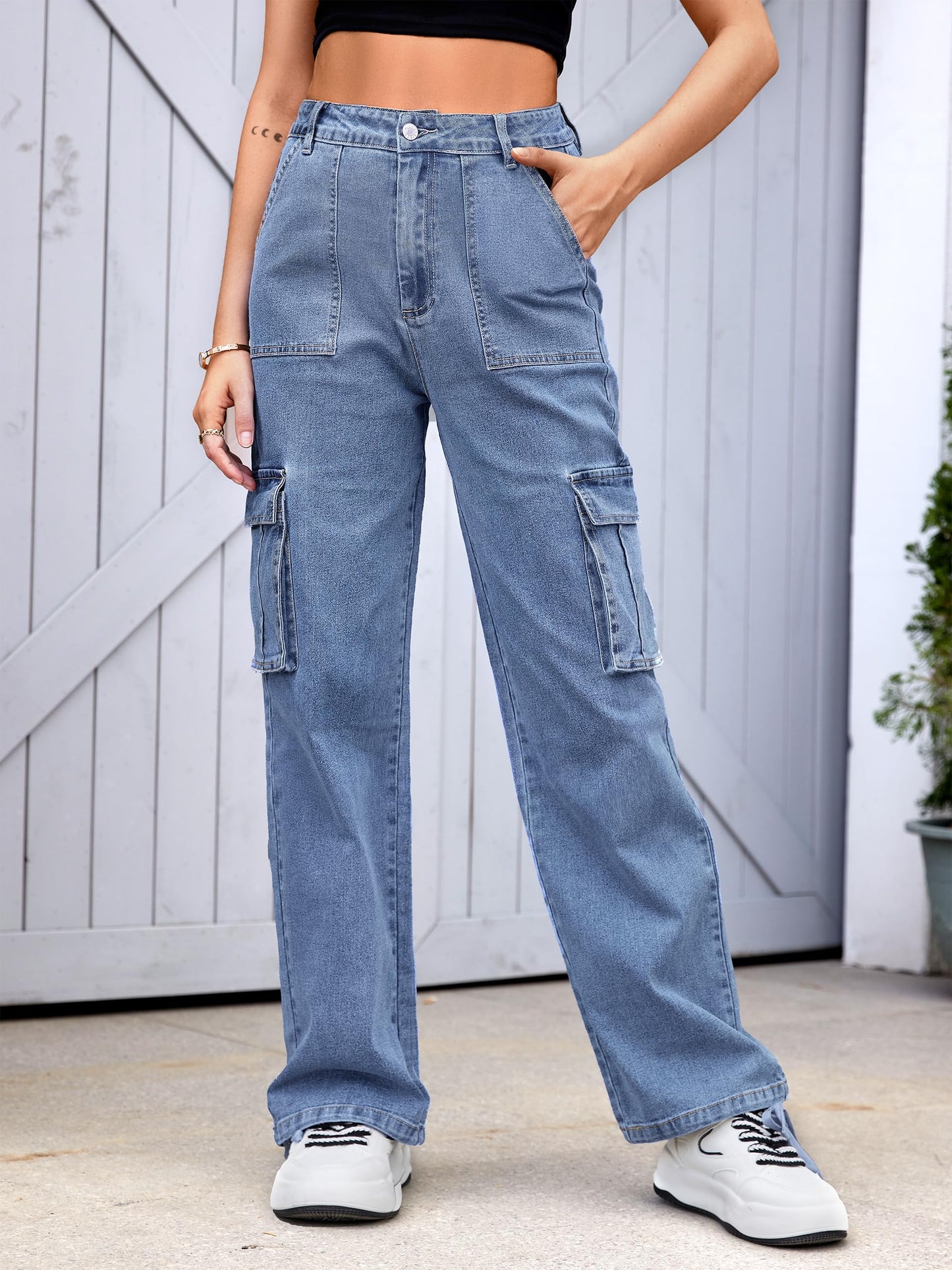 HOGHOW Women High Waisted Cargo Pants Wide Leg Casual Pants 6 Pockets Combat Military Trousers