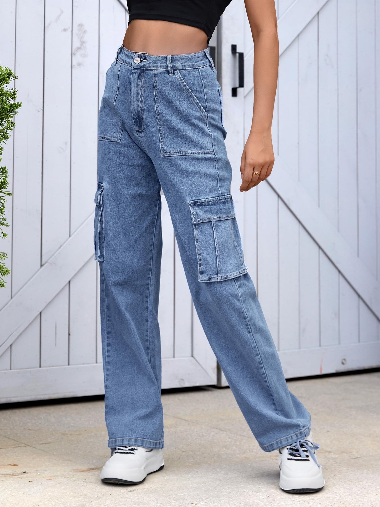 HOGHOW Women High Waisted Cargo Pants Wide Leg Casual Pants 6 Pockets Combat Military Trousers