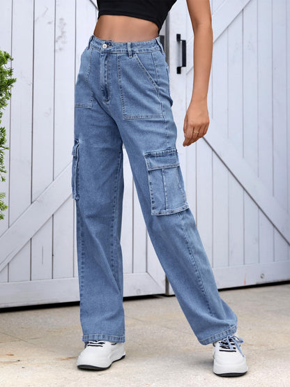 HOGHOW Women High Waisted Cargo Pants Wide Leg Casual Pants 6 Pockets Combat Military Trousers