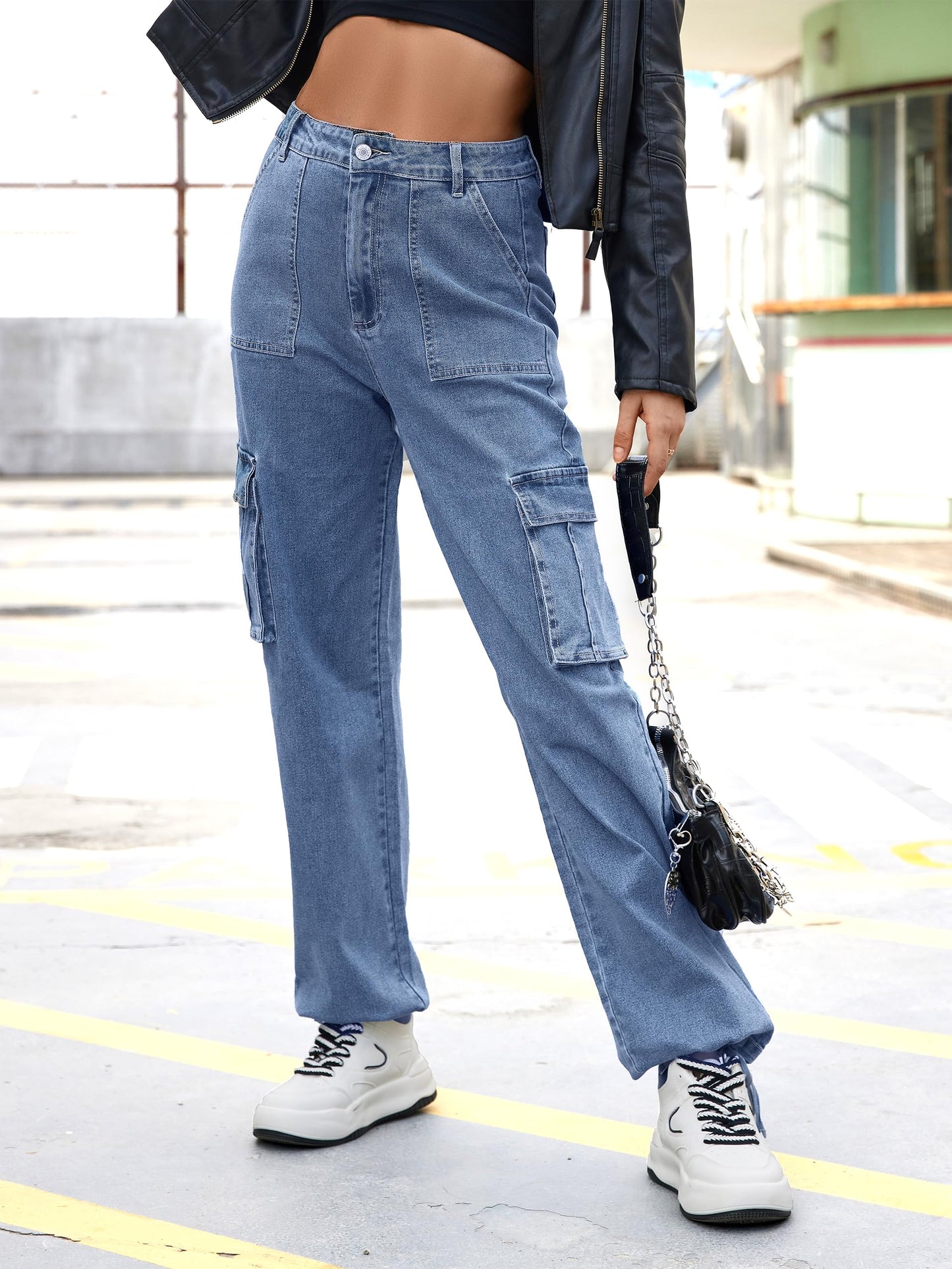 HOGHOW Women High Waisted Cargo Pants Wide Leg Casual Pants 6 Pockets Combat Military Trousers