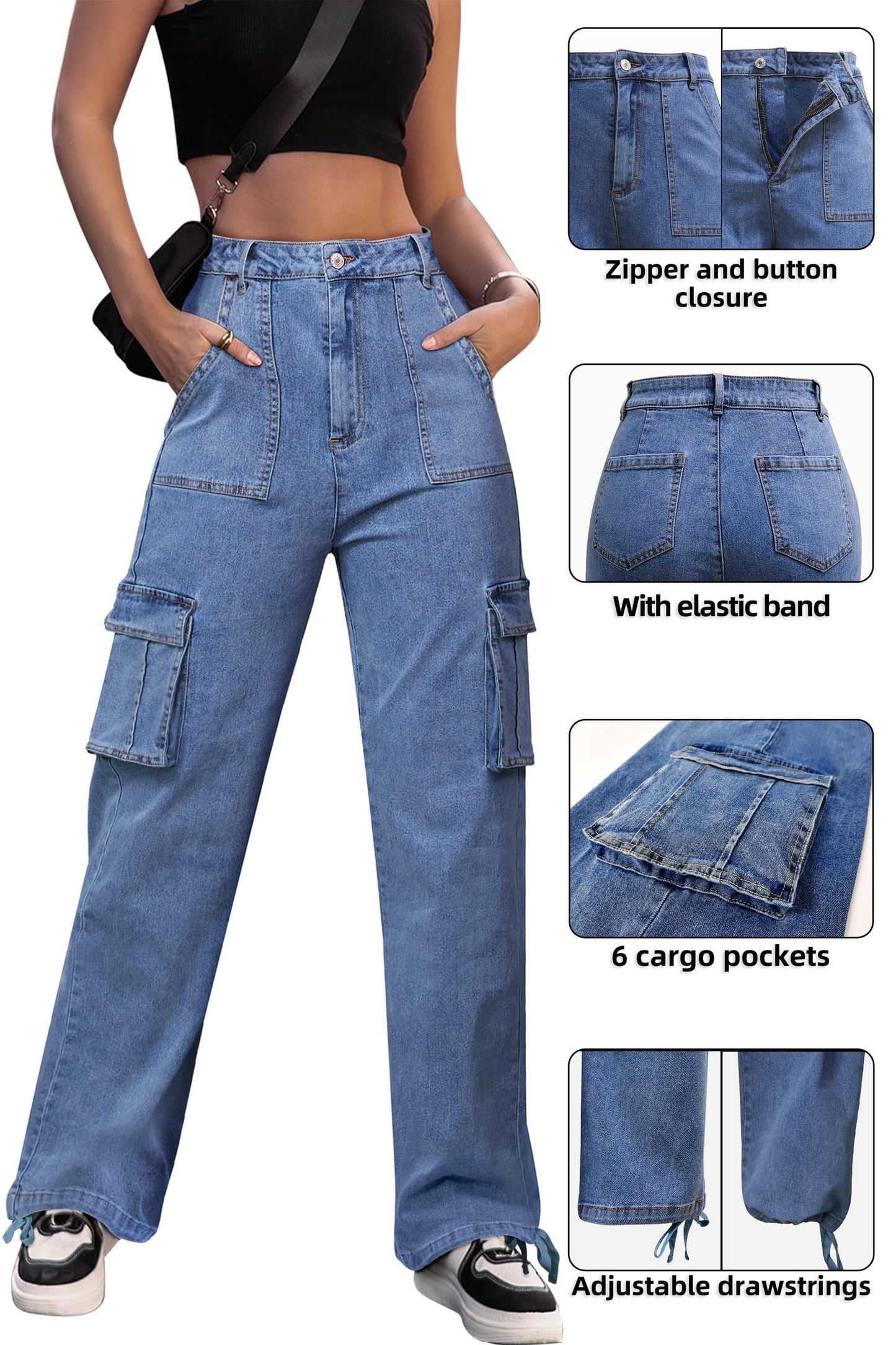HOGHOW Women High Waisted Cargo Pants Wide Leg Casual Pants 6 Pockets Combat Military Trousers