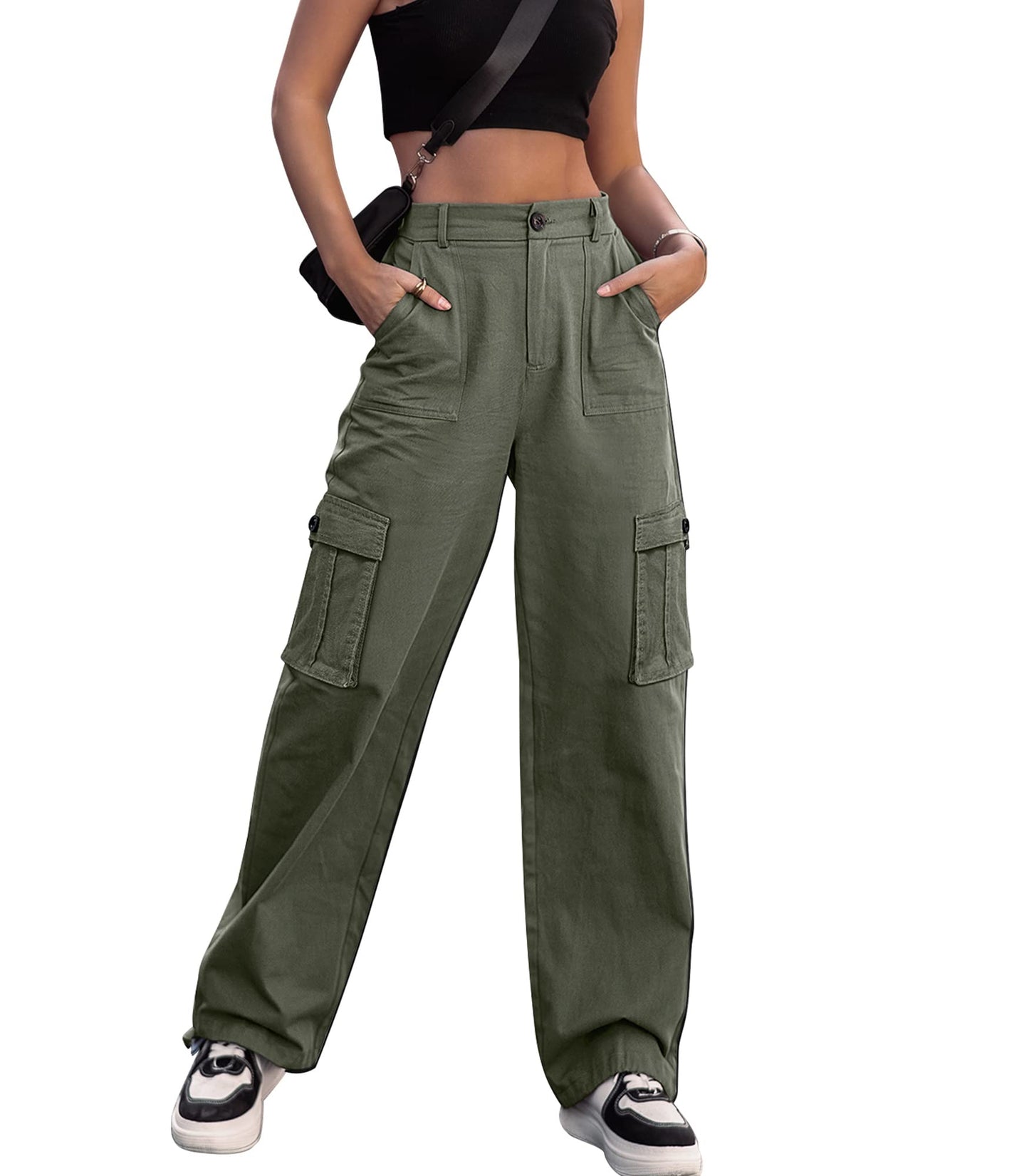 HOGHOW Women High Waisted Cargo Pants Wide Leg Casual Pants 6 Pockets Combat Military Trousers