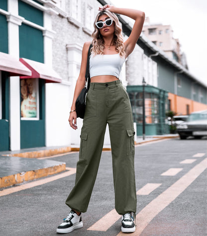HOGHOW Women High Waisted Cargo Pants Wide Leg Casual Pants 6 Pockets Combat Military Trousers