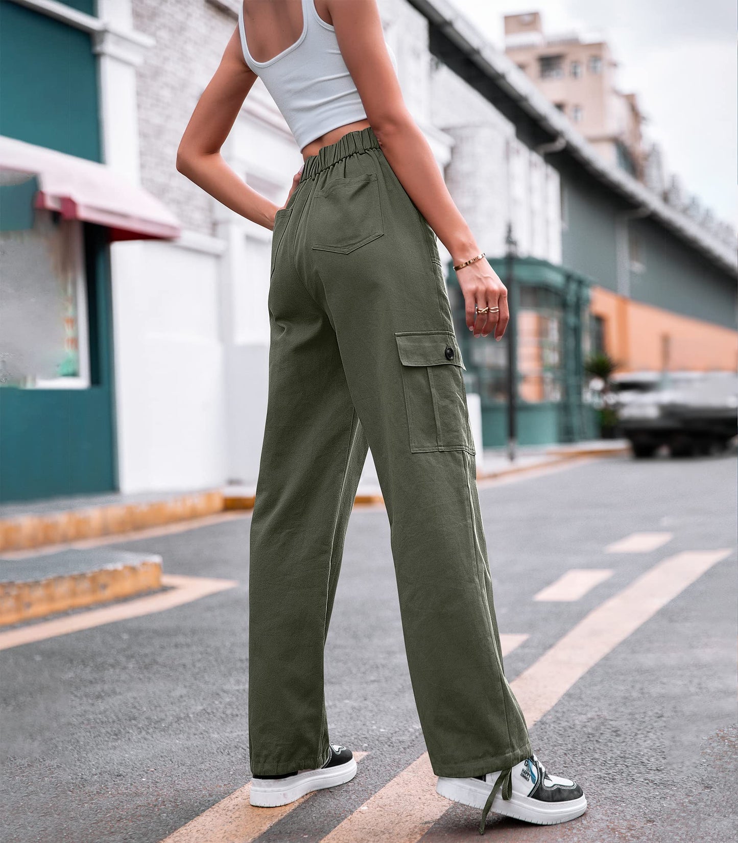 HOGHOW Women High Waisted Cargo Pants Wide Leg Casual Pants 6 Pockets Combat Military Trousers