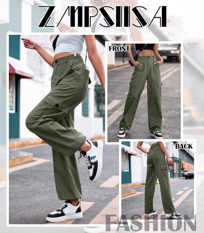 HOGHOW Women High Waisted Cargo Pants Wide Leg Casual Pants 6 Pockets Combat Military Trousers