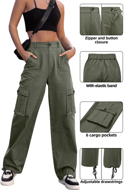 HOGHOW Women High Waisted Cargo Pants Wide Leg Casual Pants 6 Pockets Combat Military Trousers