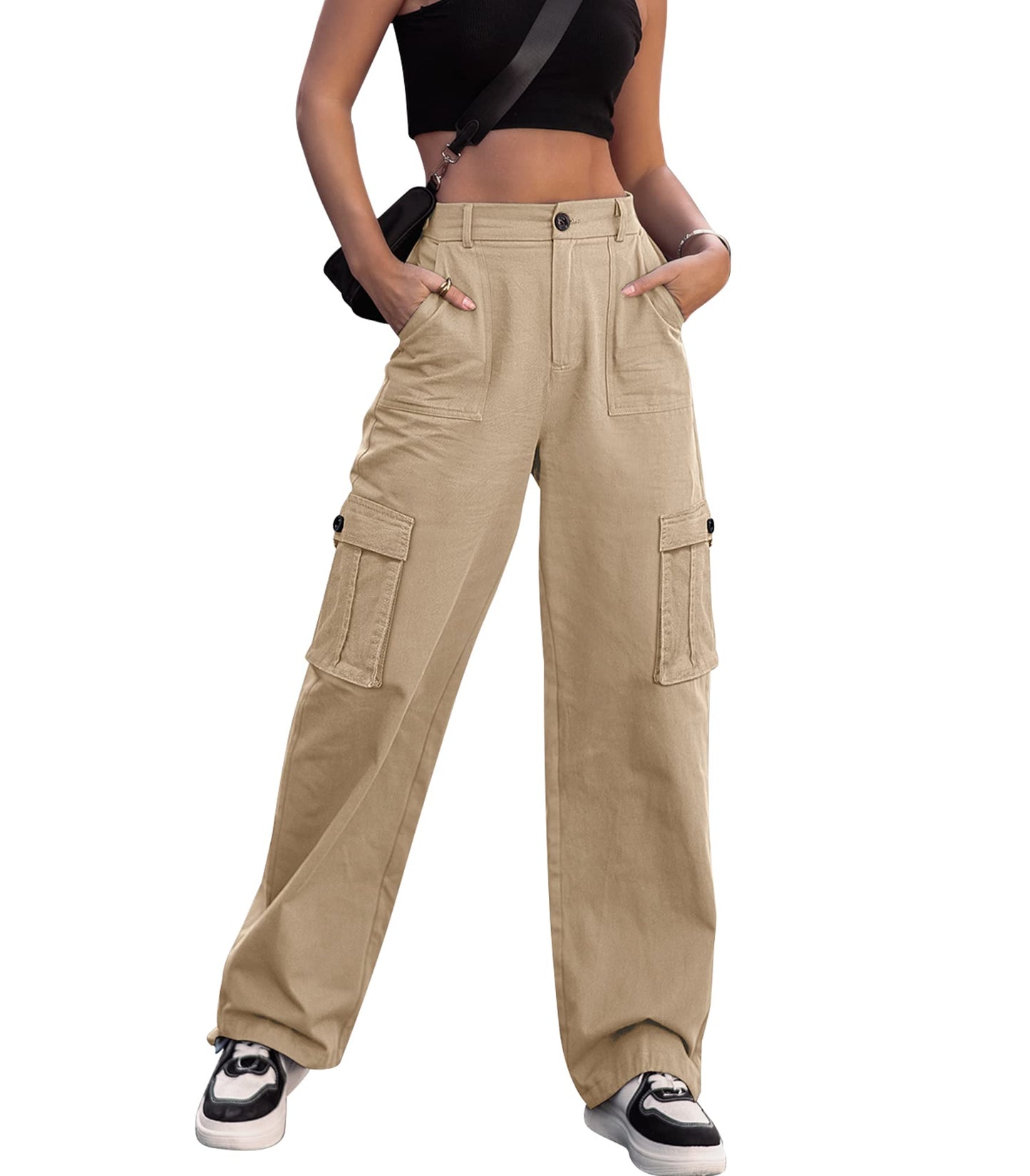 HOGHOW Women High Waisted Cargo Pants Wide Leg Casual Pants 6 Pockets Combat Military Trousers
