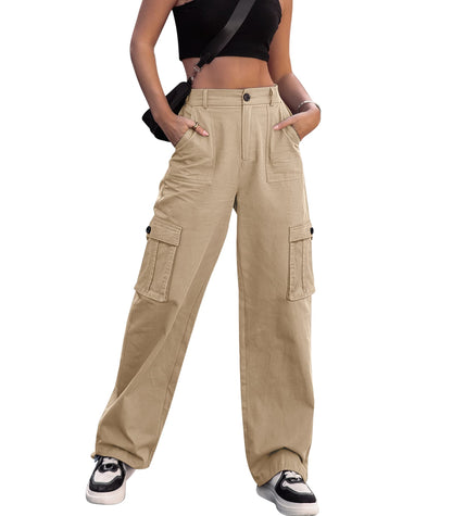HOGHOW Women High Waisted Cargo Pants Wide Leg Casual Pants 6 Pockets Combat Military Trousers