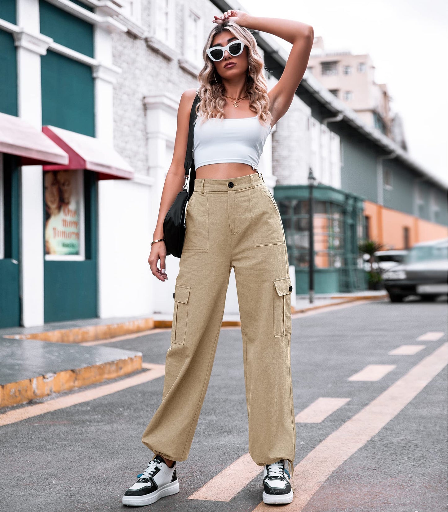 HOGHOW Women High Waisted Cargo Pants Wide Leg Casual Pants 6 Pockets Combat Military Trousers