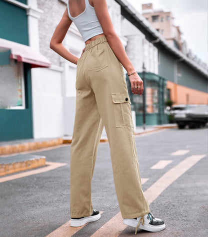 HOGHOW Women High Waisted Cargo Pants Wide Leg Casual Pants 6 Pockets Combat Military Trousers