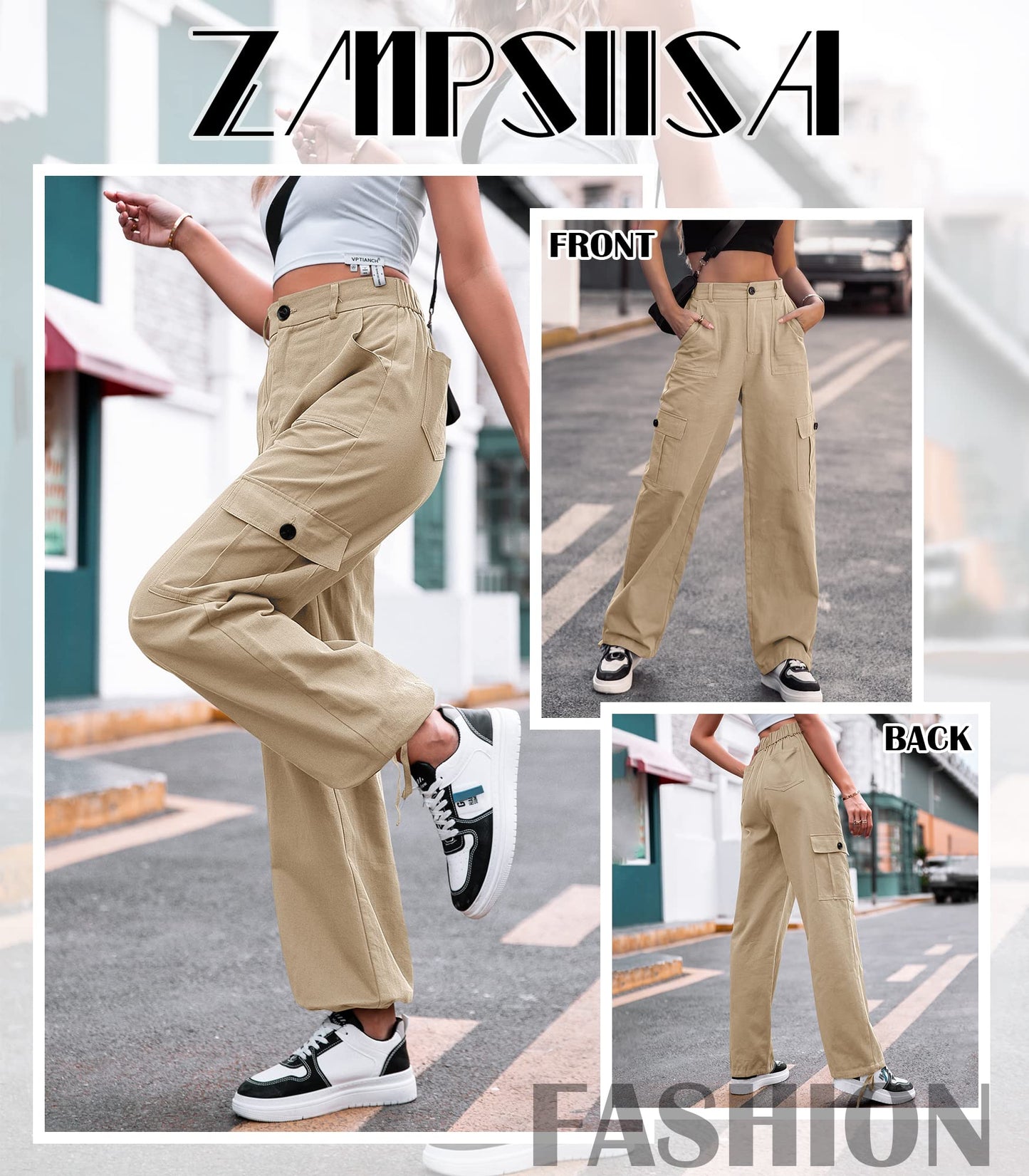 HOGHOW Women High Waisted Cargo Pants Wide Leg Casual Pants 6 Pockets Combat Military Trousers