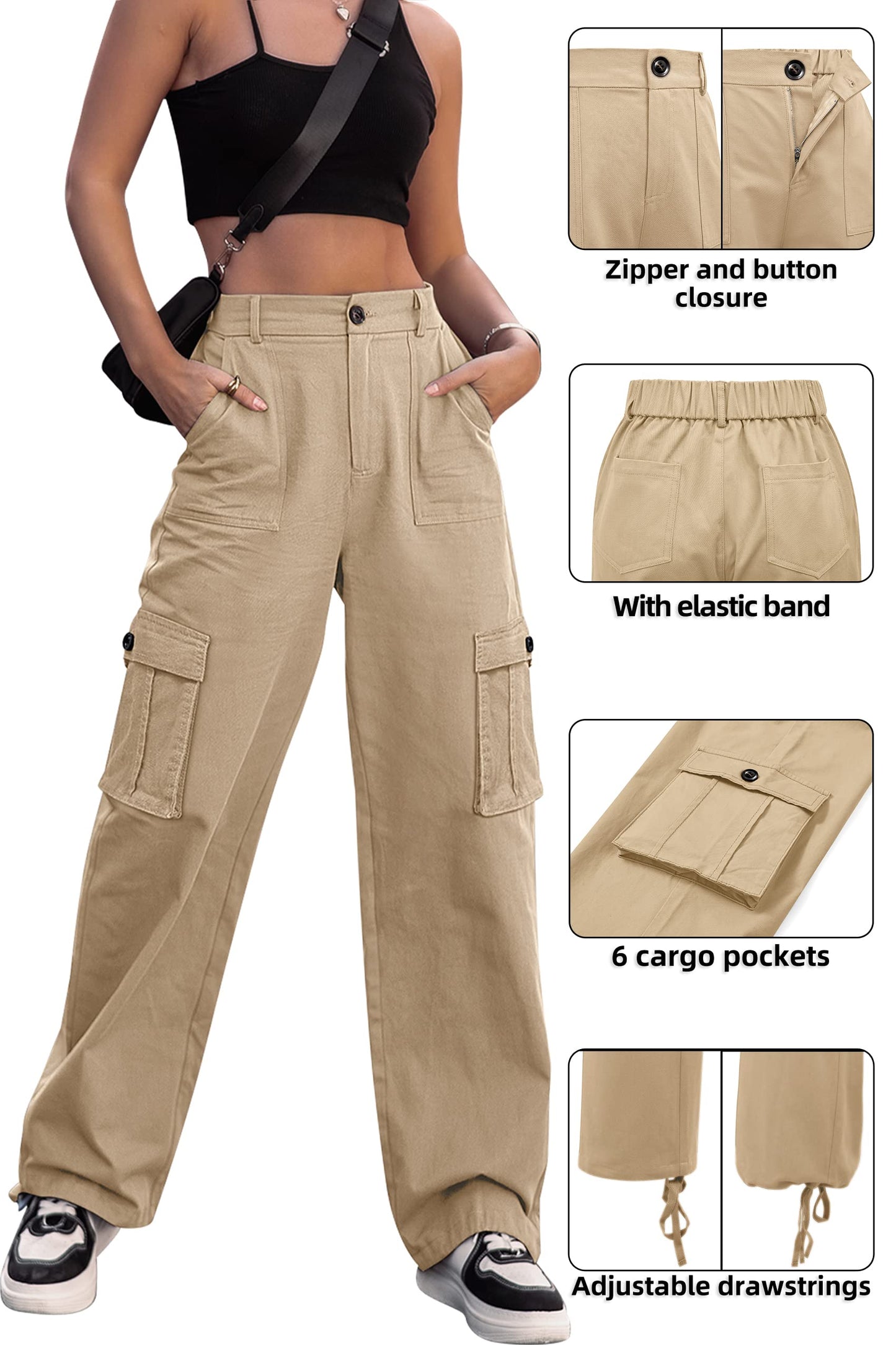 HOGHOW Women High Waisted Cargo Pants Wide Leg Casual Pants 6 Pockets Combat Military Trousers