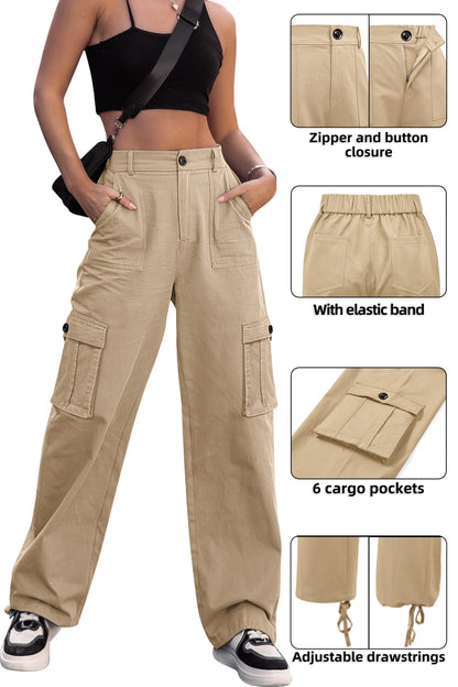 HOGHOW Women High Waisted Cargo Pants Wide Leg Casual Pants 6 Pockets Combat Military Trousers