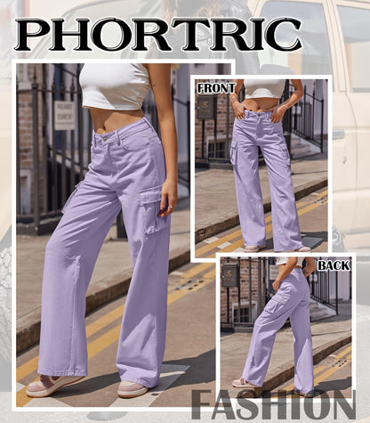 HOGHOW Womens Cargo Jeans High Waisted Wide Leg Baggy Denim Cargo Pants Flap Pocket Y2K Streetwear Casual Trousers