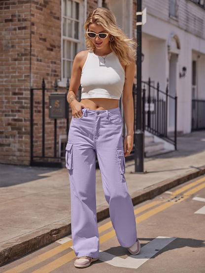 HOGHOW Womens Cargo Jeans High Waisted Wide Leg Baggy Denim Cargo Pants Flap Pocket Y2K Streetwear Casual Trousers