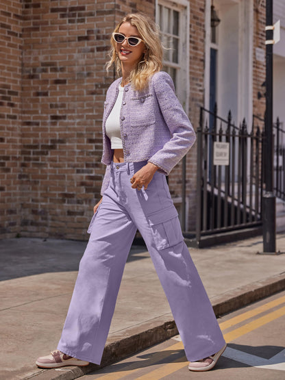HOGHOW Womens Cargo Jeans High Waisted Wide Leg Baggy Denim Cargo Pants Flap Pocket Y2K Streetwear Casual Trousers