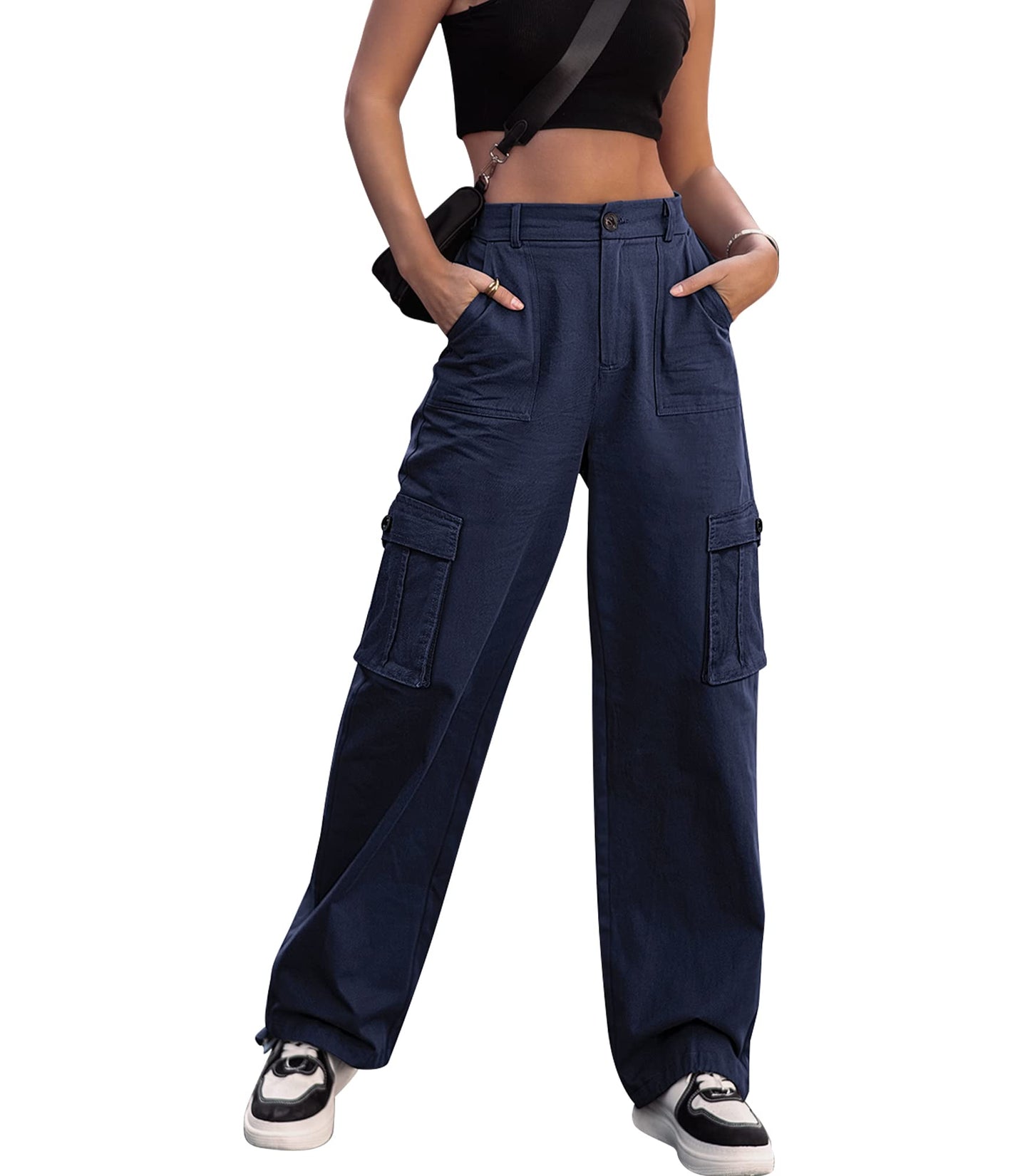HOGHOW Women High Waisted Cargo Pants Wide Leg Casual Pants 6 Pockets Combat Military Trousers