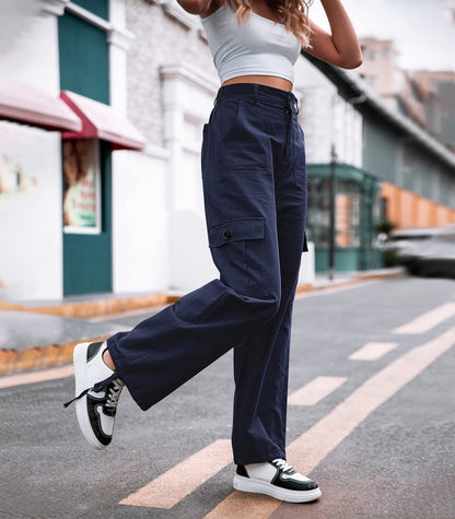 HOGHOW Women High Waisted Cargo Pants Wide Leg Casual Pants 6 Pockets Combat Military Trousers