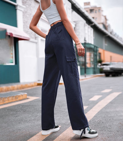 HOGHOW Women High Waisted Cargo Pants Wide Leg Casual Pants 6 Pockets Combat Military Trousers