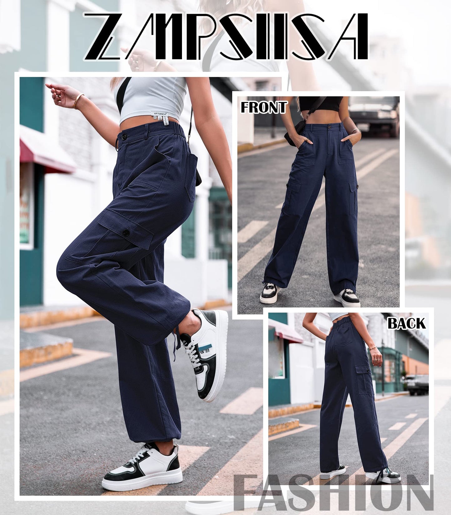 HOGHOW Women High Waisted Cargo Pants Wide Leg Casual Pants 6 Pockets Combat Military Trousers