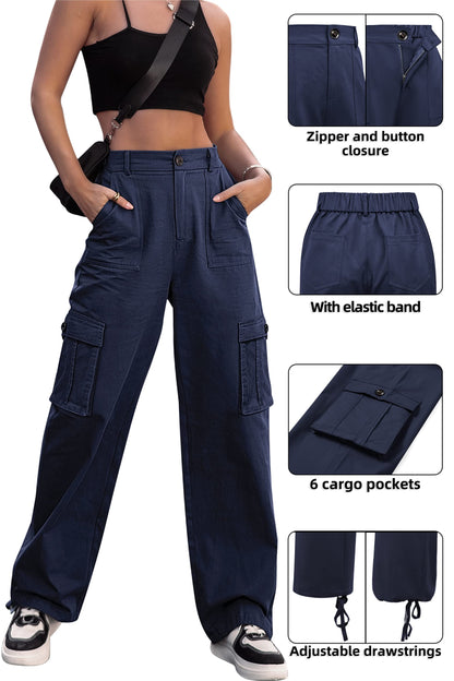 HOGHOW Women High Waisted Cargo Pants Wide Leg Casual Pants 6 Pockets Combat Military Trousers
