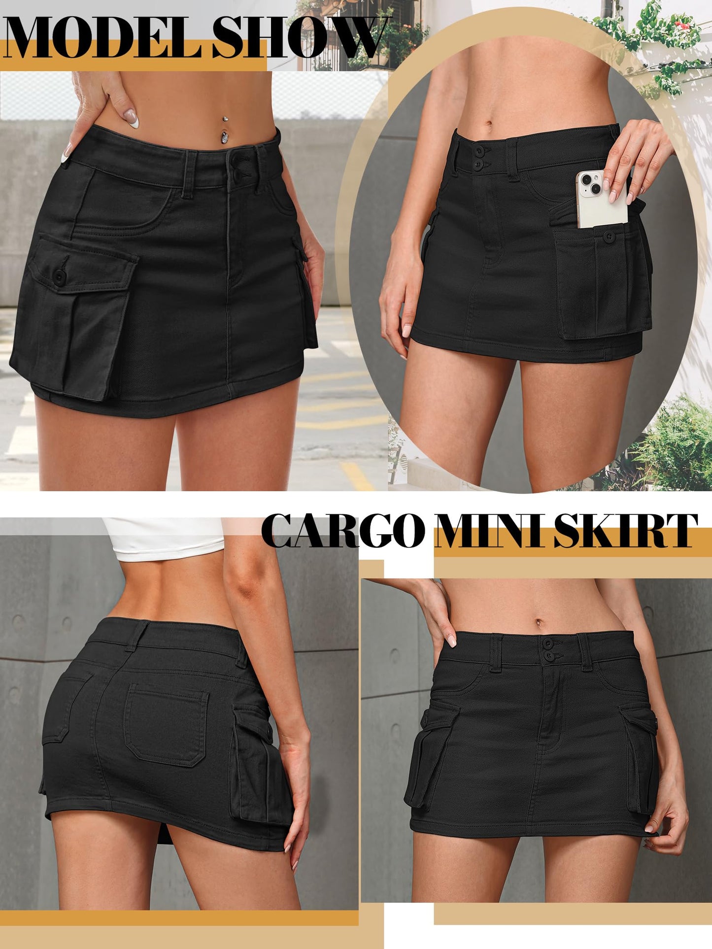 HOGHOW Women Denim Cargo Skirt Mini Low Waist Button Bodycon Y2K Flap Pockets Skirts