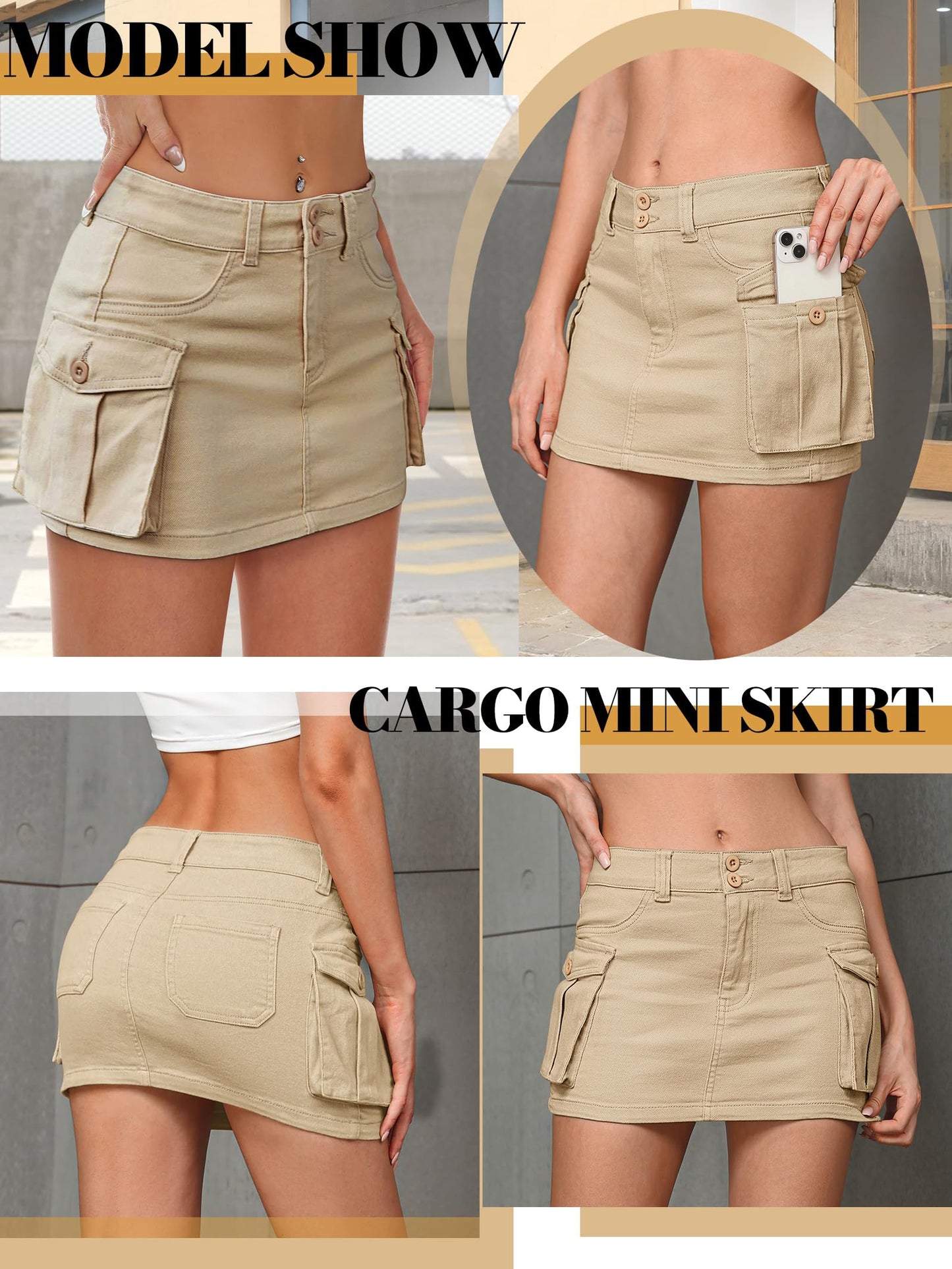 HOGHOW Women Denim Cargo Skirt Mini Low Waist Button Bodycon Y2K Flap Pockets Skirts