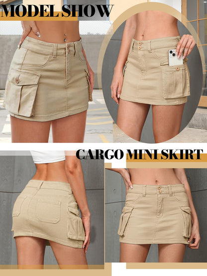 HOGHOW Women Denim Cargo Skirt Mini Low Waist Button Bodycon Y2K Flap Pockets Skirts