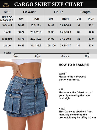 HOGHOW Women Denim Cargo Skirt Mini Low Waist Button Bodycon Y2K Flap Pockets Skirts