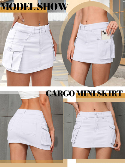 HOGHOW Women Denim Cargo Skirt Mini Low Waist Button Bodycon Y2K Flap Pockets Skirts