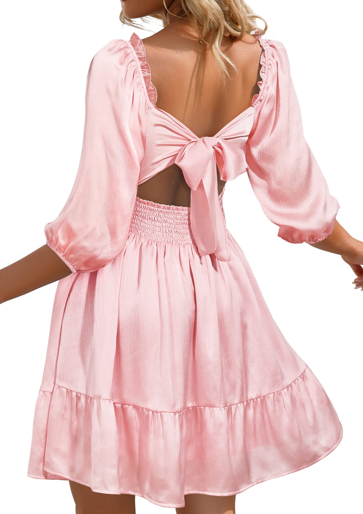 HOGHOW Womens Tie Back Summer Dress Square Neck Long Lantern Sleeve Off Shoulder A-Line Casual Mini Dresses
