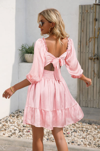 HOGHOW Womens Tie Back Summer Dress Square Neck Long Lantern Sleeve Off Shoulder A-Line Casual Mini Dresses
